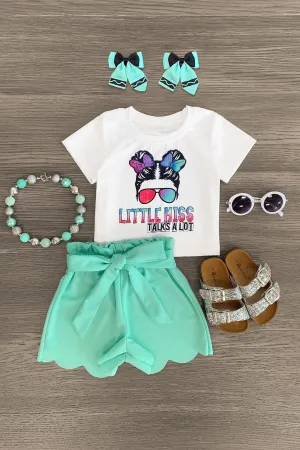 "Little Miss Talks A Lot" Mint Scalloped Short Set