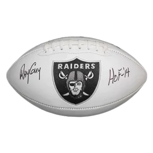 Ray Guy Autographed Oakland Raiders Full Size Logo Football White HOF 14 Inscription (JSA)