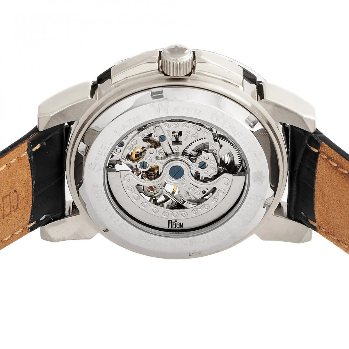 Reign Philippe Automatic Skeleton Leather-Band Watch - Black/White