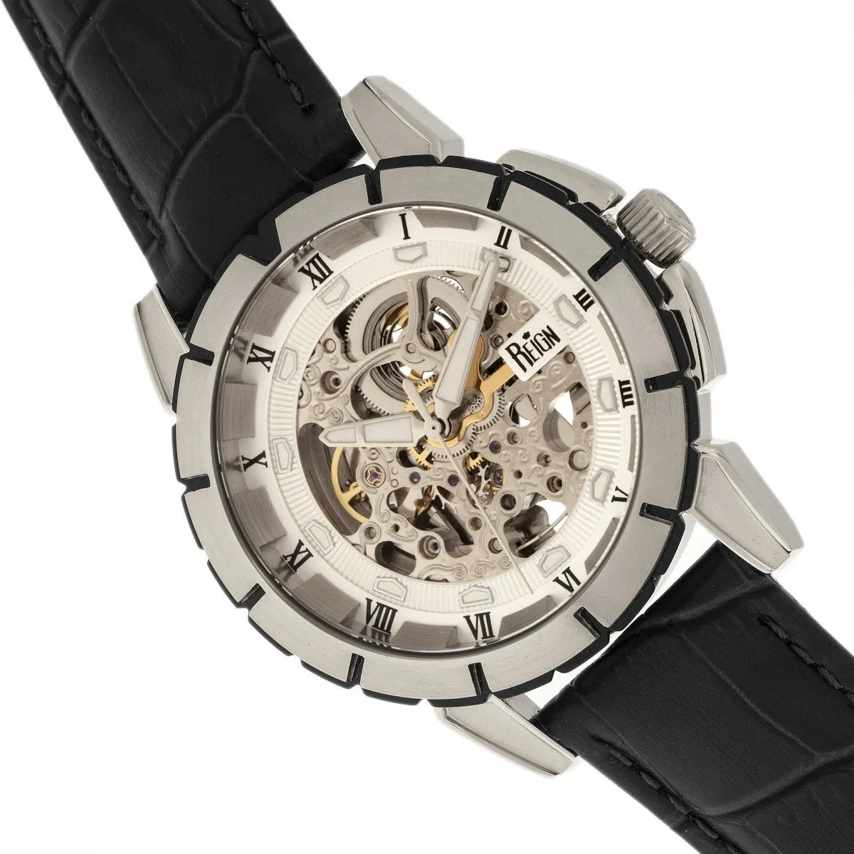 Reign Philippe Automatic Skeleton Leather-Band Watch - Black/White