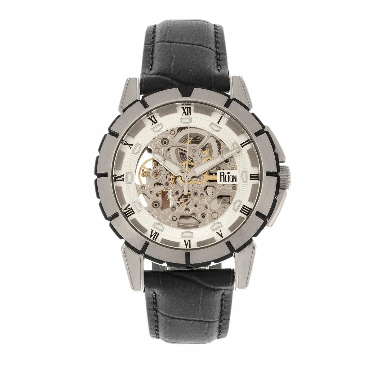 Reign Philippe Automatic Skeleton Leather-Band Watch - Black/White