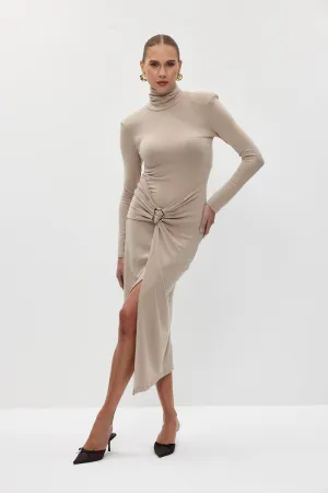 Turtleneck Padded Long Sleeve Midi Dress