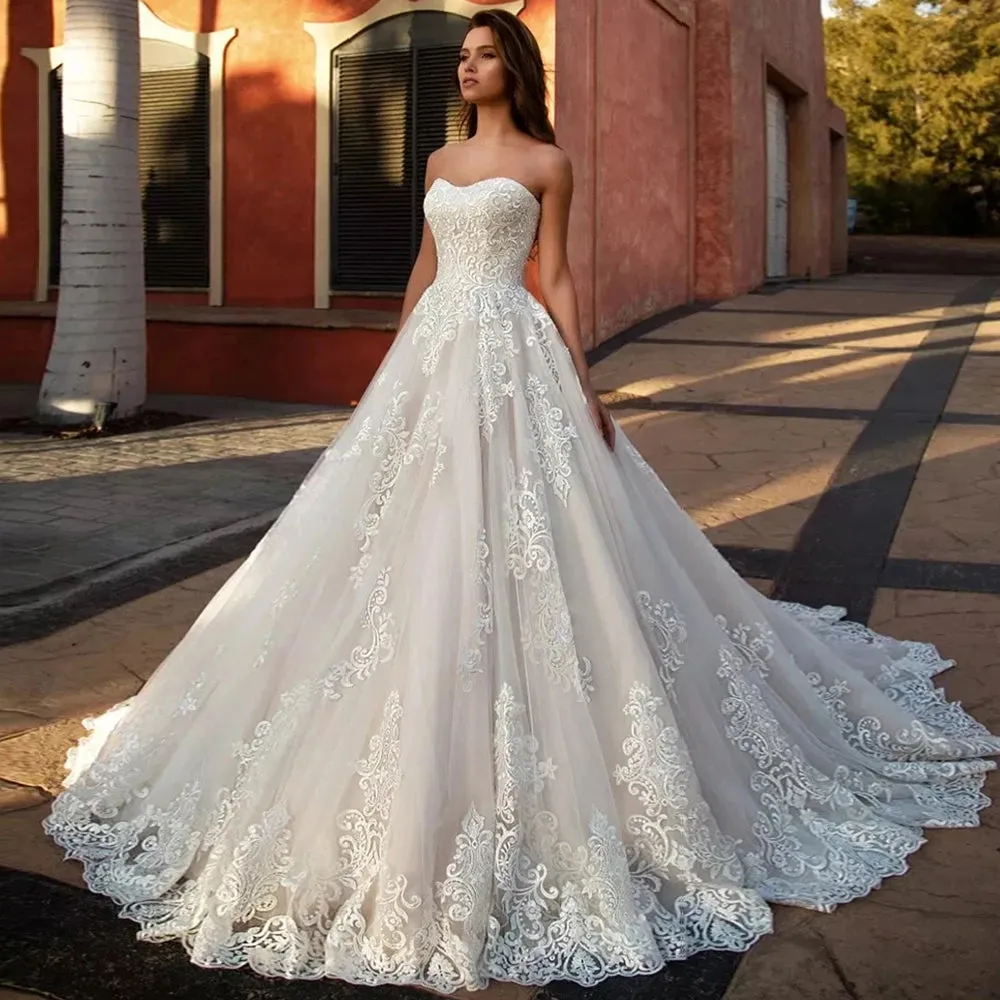 Vestido de Novia Appliques Tulle A-line Wedding Dresses Lace Up Back Vintage Robe de Mariee Sleeveless Simple Bridal Gowns