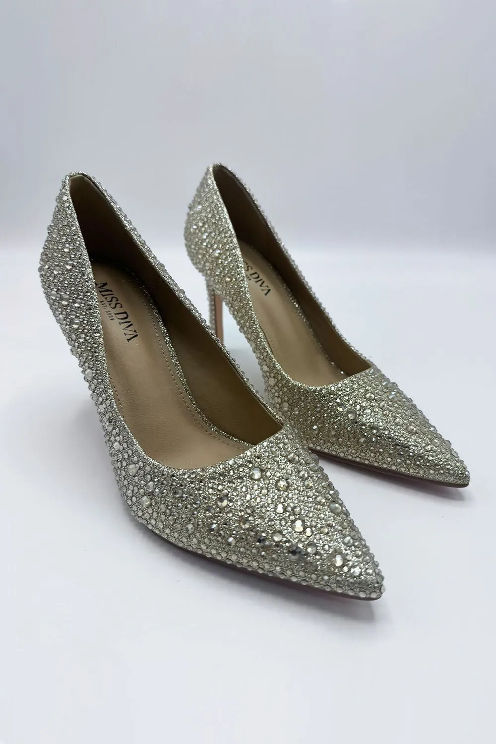 Viviana Diamante Embellished Heels in Gold