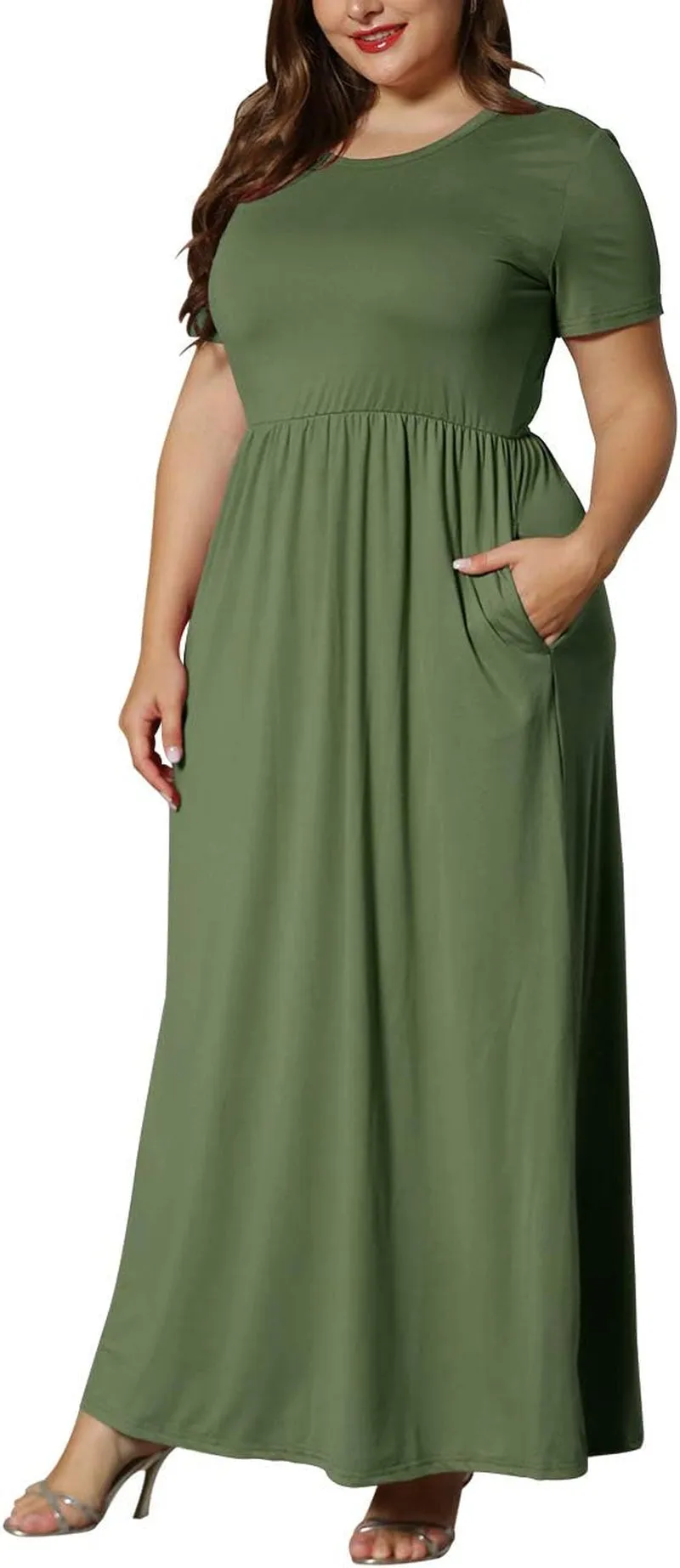 Women’S plus Size Maxi Dresses Summer Casual Short Sleeve Fahion Long Dress with Pockets